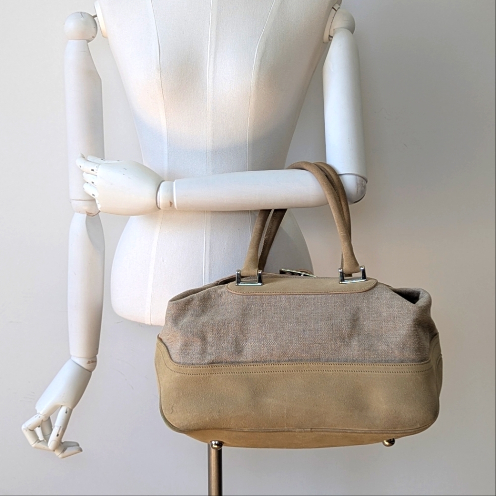 Sissi Rossi Baguette made‎ in Italy bag Tan and cream Rose Roux canvas & leather